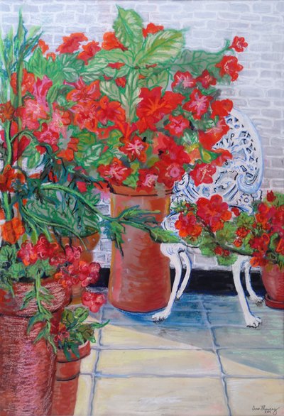 Geraniums and Petunias on the Terrace, 2011 by Joan Thewsey